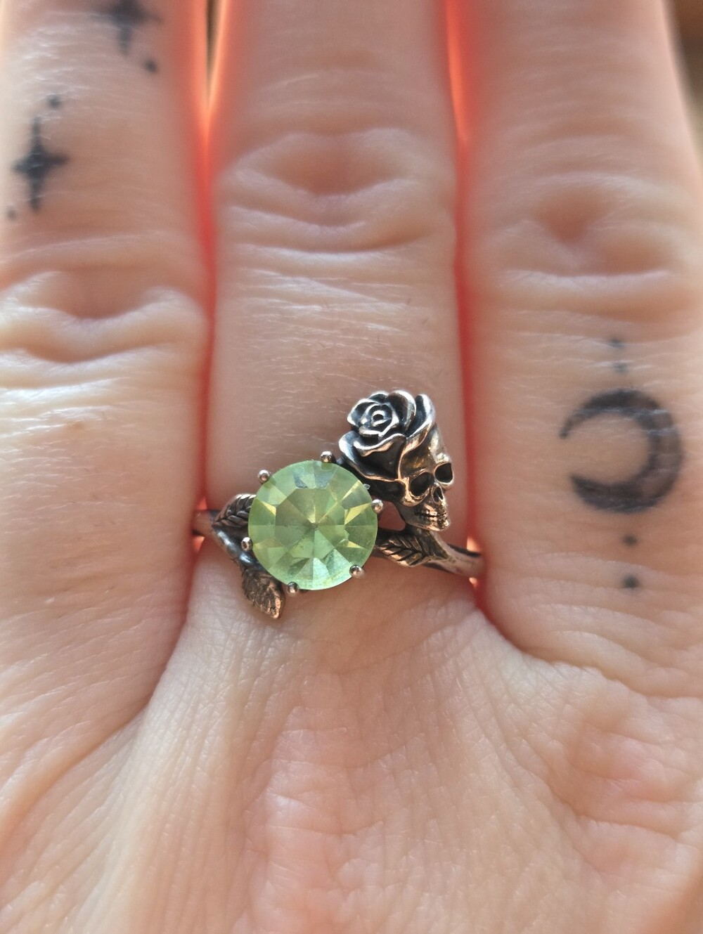2ct Uranium Glass Rose and Skull Ring - Sterling Silver